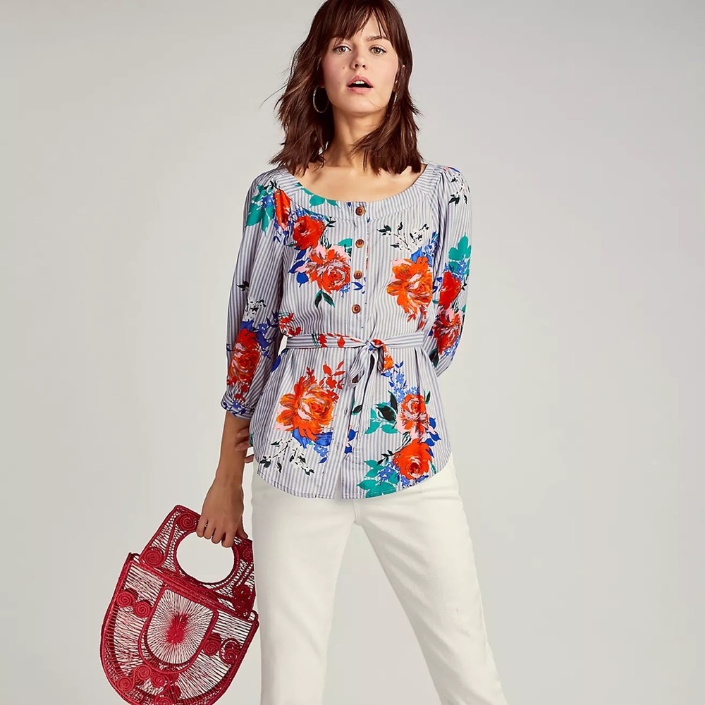 Anthropologie | Maeve | Lilorne Floral‎ Striped Blouse Size US 14